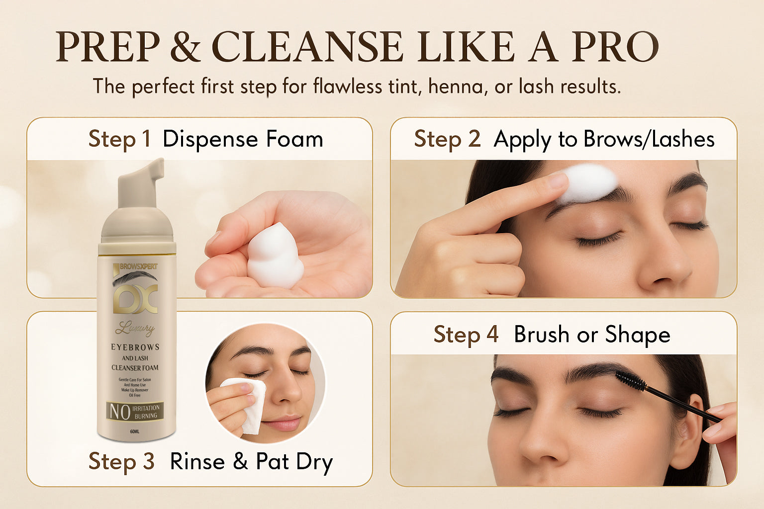 KIT DE INICIO BROWSXPERT: Espuma limpiadora, mezclador eléctrico, kit de mapeo de cejas, film plástico y kit de retoque de henna en polvo para sombreado.