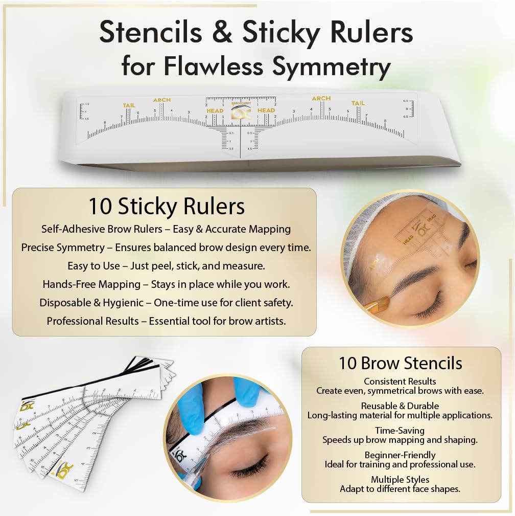 BROWSXPERT Master Brow Mapping Kit – 1 Caliper, 2 Pre-Inked Threads (Black & White), 2 Pencils (Black & White), 1 Marker, 2 Sharpeners, 10 Stencils, 10 Sticky Rulers & 1 Tweezers for Professionals