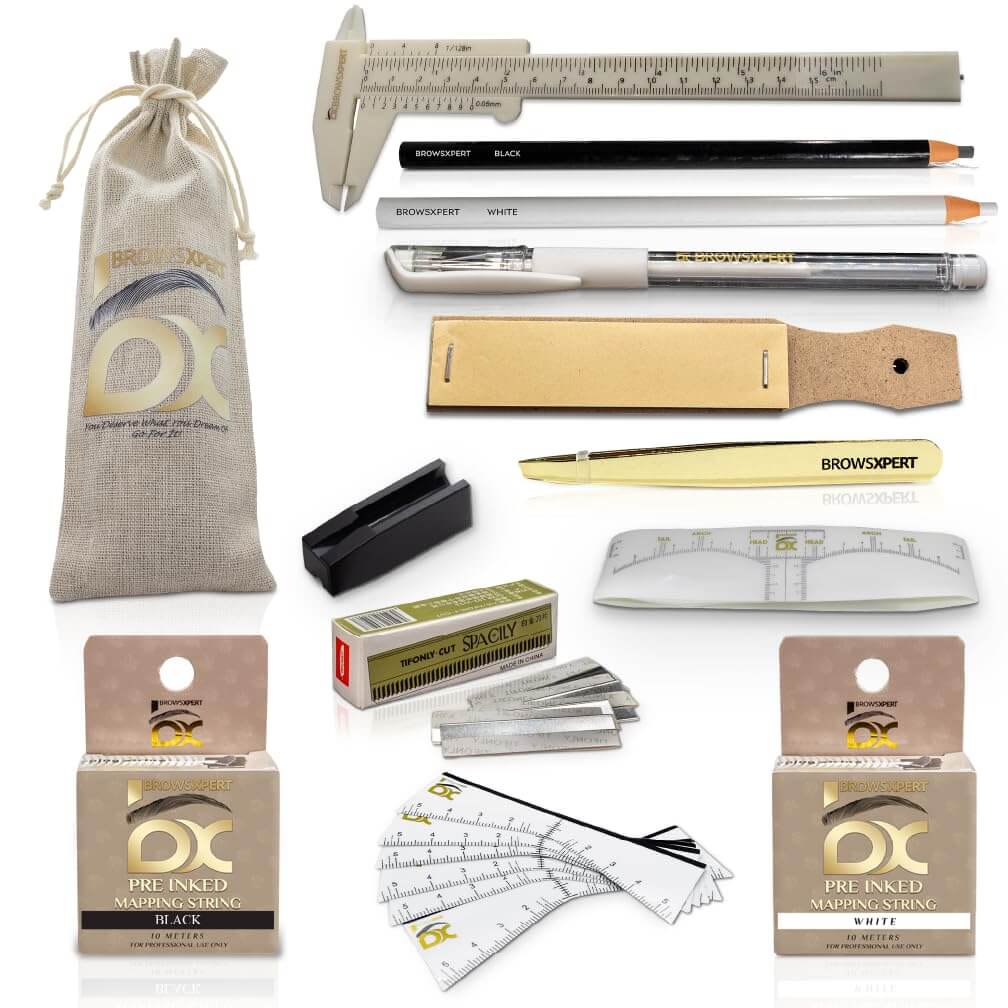 KIT DE INICIO BROWSXPERT: Espuma limpiadora, mezclador eléctrico, kit de mapeo de cejas, film plástico y kit de retoque de henna en polvo para sombreado.