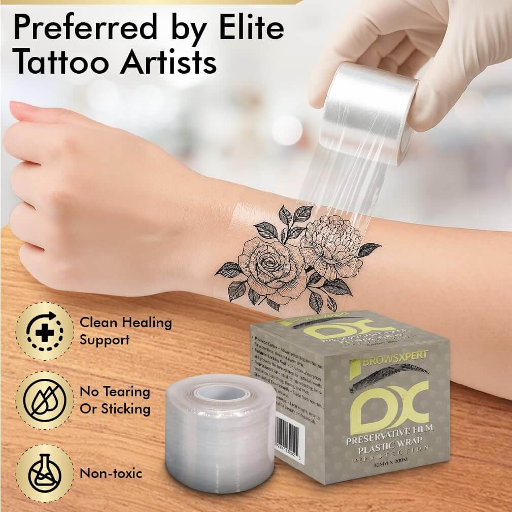 BROWSXPERT Preservative Plastic Film Wrap – 2 Rolls 42mm x 200m + 6 Eyebrow Ruler Stencils | Transparent Cling Film for Brow Lamination, Microblading, Tattoo, PMU, Lip Blush & Eyebrow Tinting | Tools.