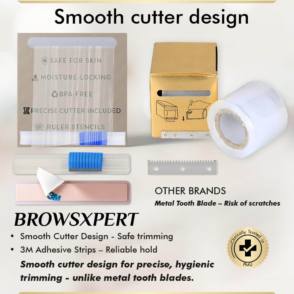 BROWSXPERT Preservative Plastic Film Wrap – 2 Rolls 42mm x 200m + 6 Eyebrow Ruler Stencils | Transparent Cling Film for Brow Lamination, Microblading, Tattoo, PMU, Lip Blush & Eyebrow Tinting | Tools.