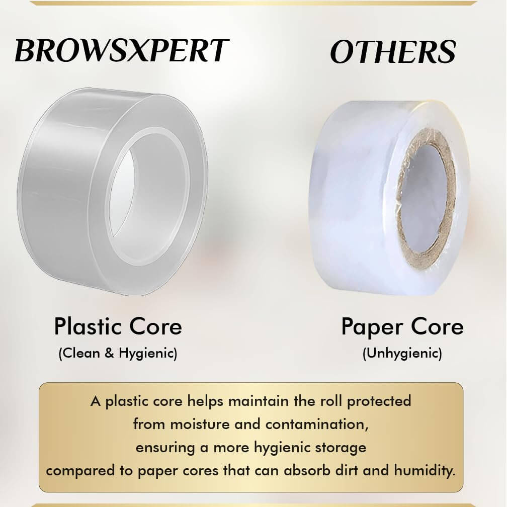 BROWSXPERT Preservative Plastic Film Wrap – 2 Rolls 42mm x 200m + 6 Eyebrow Ruler Stencils | Transparent Cling Film for Brow Lamination, Microblading, Tattoo, PMU, Lip Blush & Eyebrow Tinting | Tools comparison with paper core.