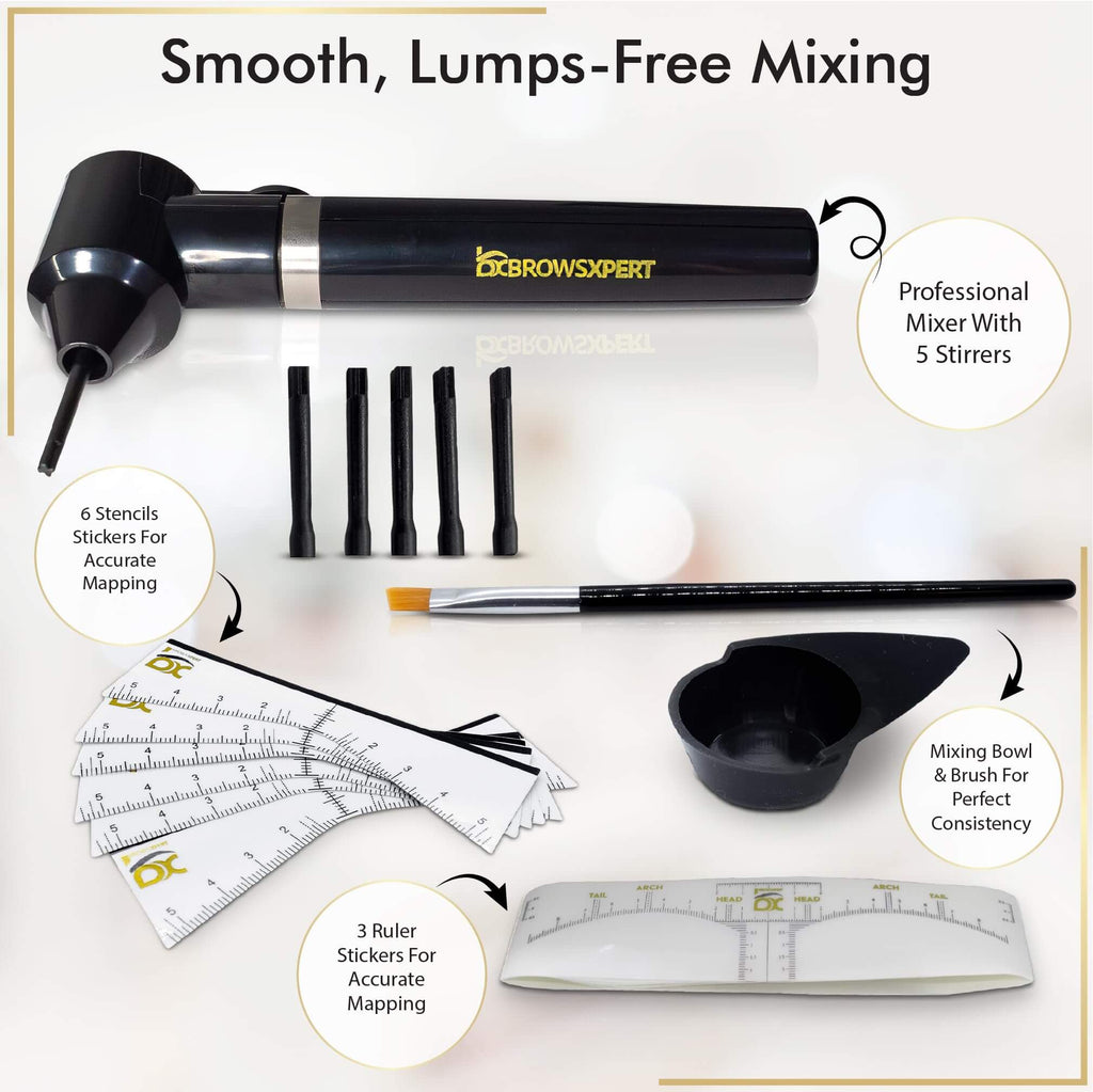 BROWSXPERT Electric Mixer Kit – Pigment Mixer Machine, 5 Mixing Sticks Stirring Tool for Pigment, Henna & Tinting + Bowl, Brush, 6 Stencils & 3 Sticky Rulers – Skin Prep & Mapping Accesories