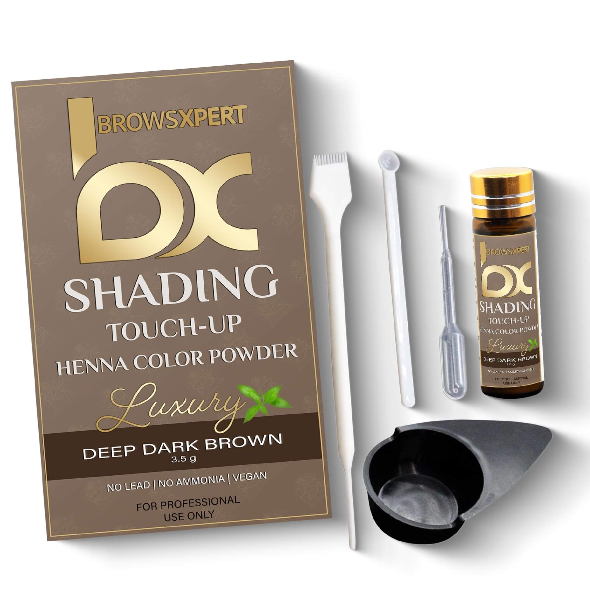 BROWSXPERT Professional Shading Touch-Up Kit — Henna Color Powder with Mixing Dish, Stir & Brush | 3.5g | Natural Look (Deep Dark Brown, Medium Brown, Light Brown)