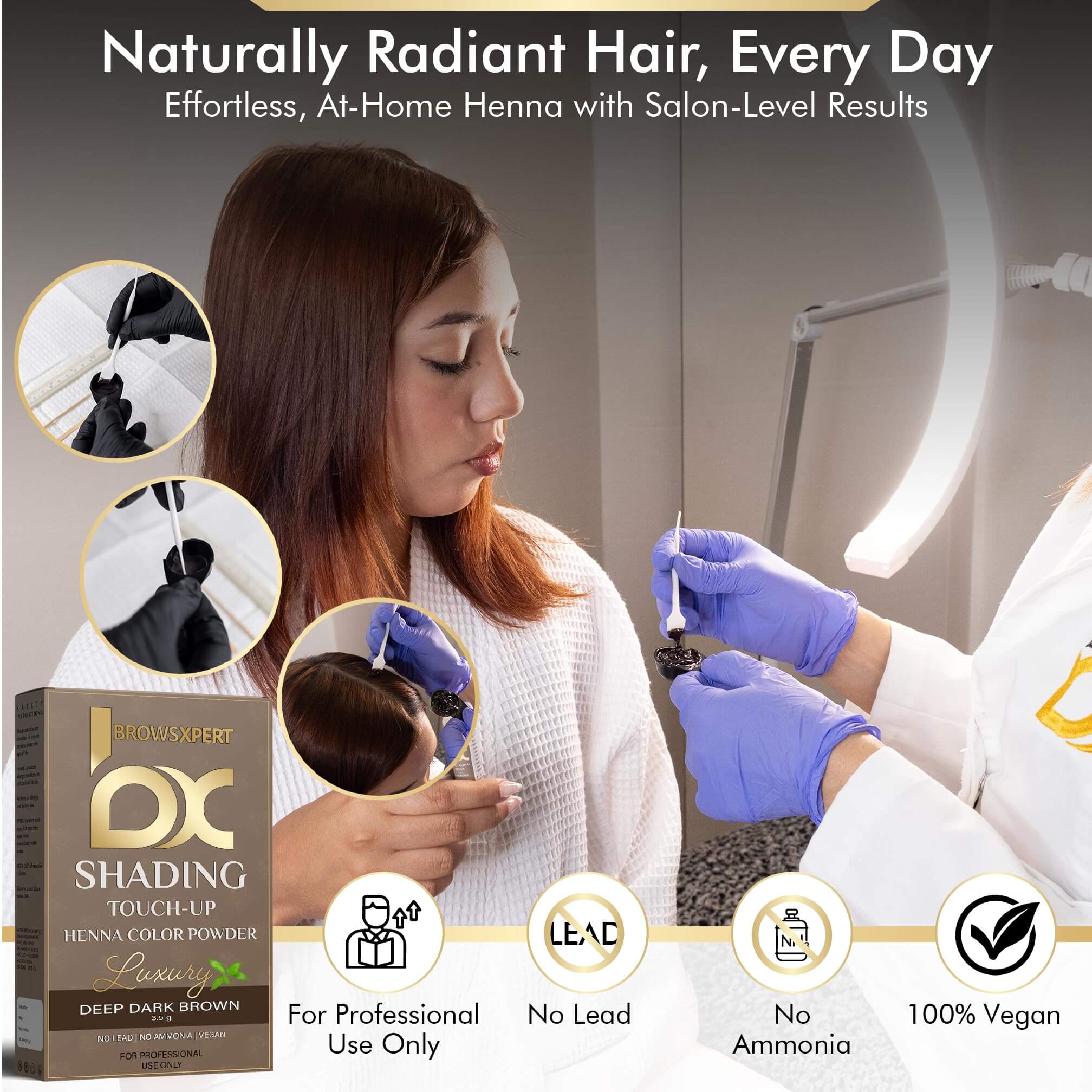 BROWSXPERT Professional Shading Touch-Up Kit — Henna Color Powder with Mixing Dish, Stir & Brush | 3.5g | Natural Look (Deep Dark Brown, Medium Brown, Light Brown)