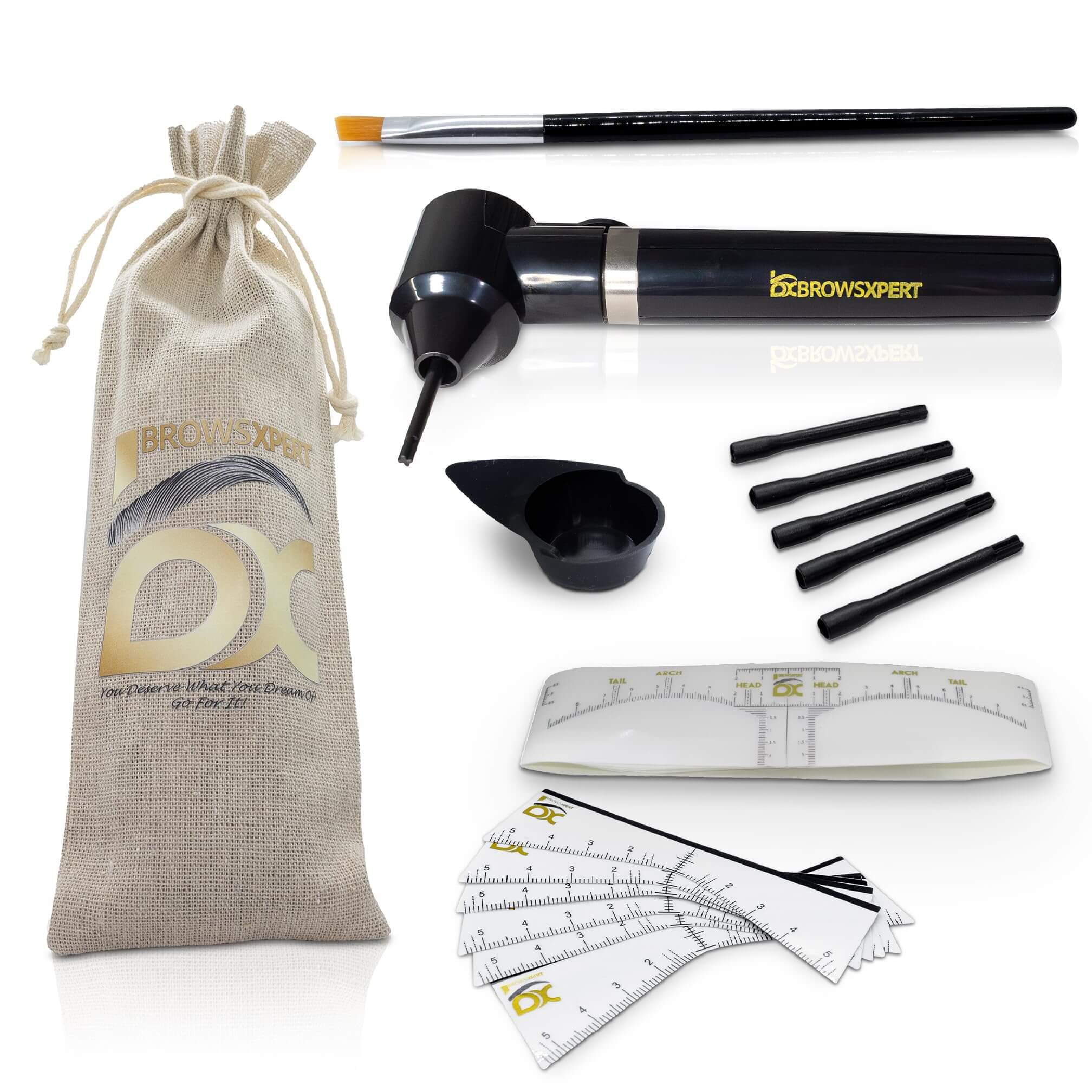 BROWSXPERT Electric Mixer Kit – Pigment Mixer Machine, 5 Mixing Sticks Stirring Tool for Pigment, Henna & Tinting + Bowl, Brush, 6 Stencils & 3 Sticky Rulers – Skin Prep & Mapping Accesories