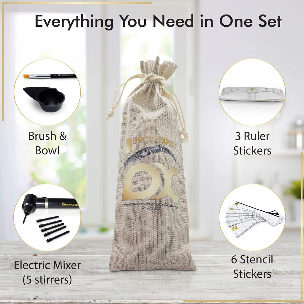 BROWSXPERT Electric Mixer Kit – Pigment Mixer Machine, 5 Mixing Sticks Stirring Tool for Pigment, Henna & Tinting + Bowl, Brush, 6 Stencils & 3 Sticky Rulers – Skin Prep & Mapping Accesories