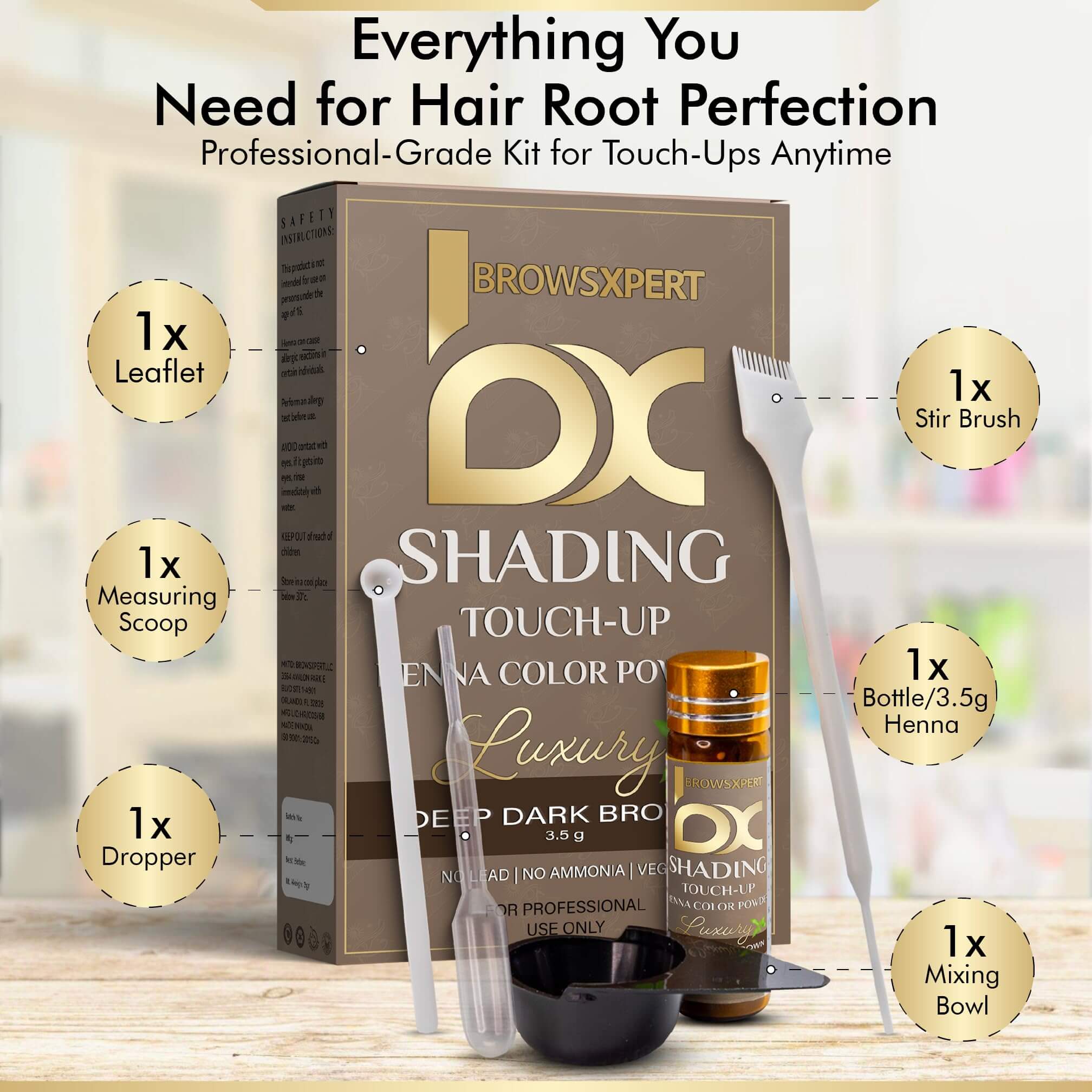BROWSXPERT Professional Shading Touch-Up Kit — Henna Color Powder with Mixing Dish, Stir & Brush | 3.5g | Natural Look (Deep Dark Brown, Medium Brown, Light Brown)