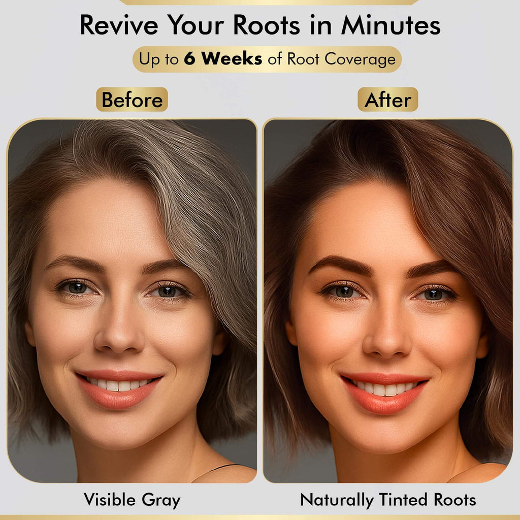 Before and after image showing visible gray roots vs. naturally tinted roots, demonstrating effective root coverage.