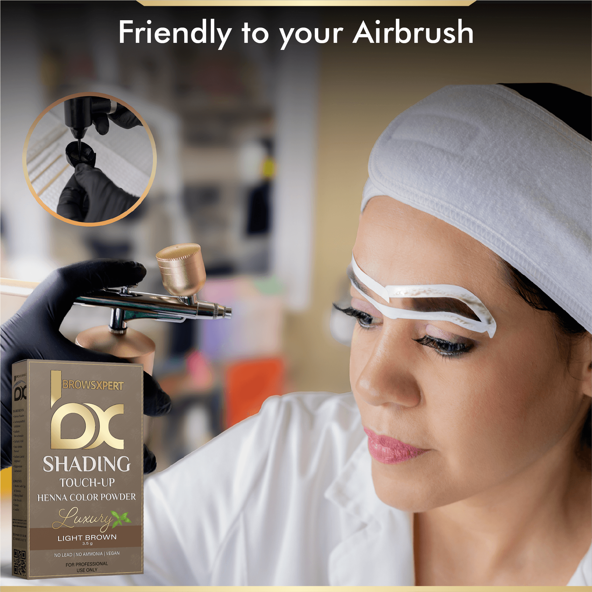 BROWSXPERT Professional Shading Touch-Up Kit — Herbal Henna with Mixing Dish, Stir & Brush | 3.5g | Light Brown in use with airbrush.