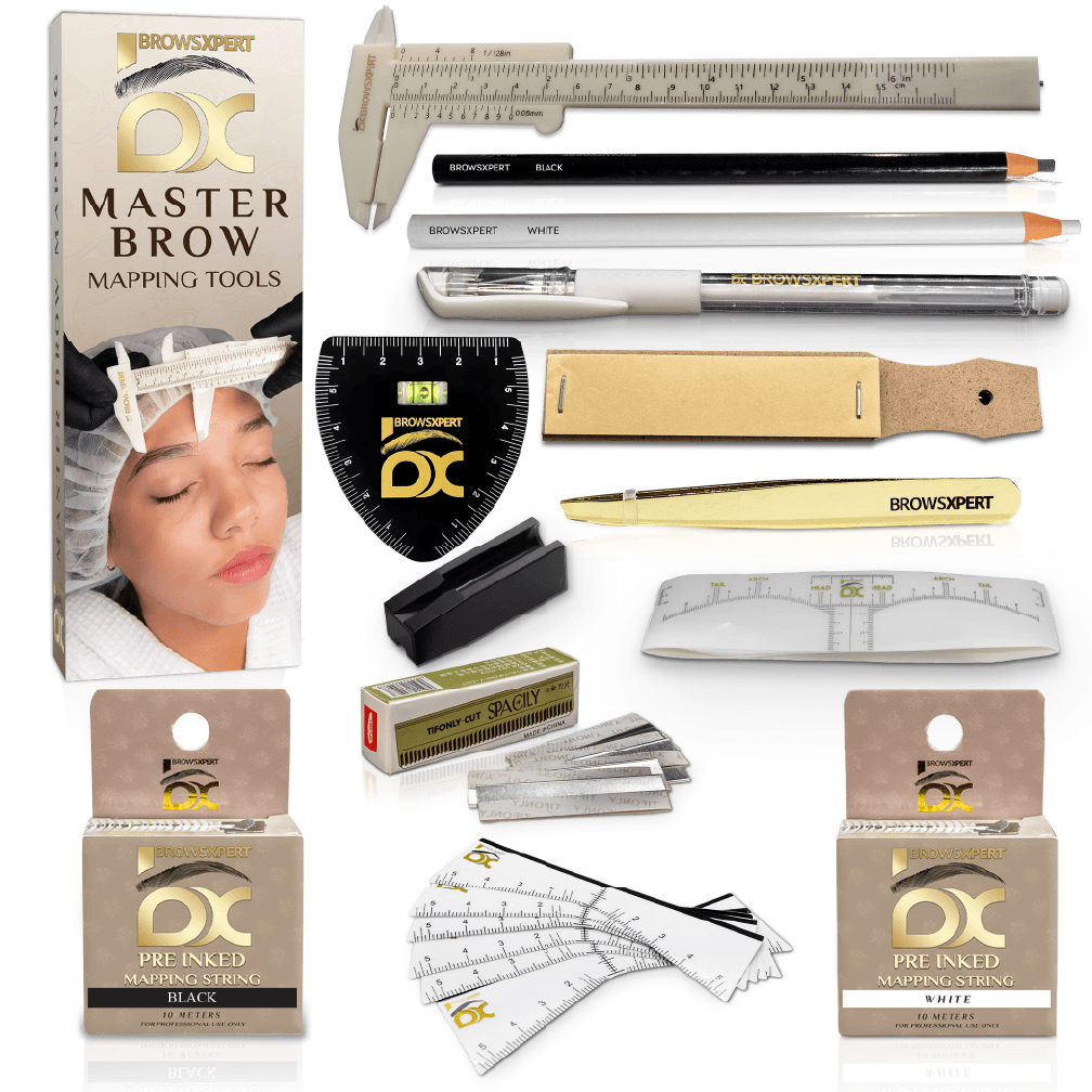 BROWSXPERT Master Brow Mapping Kit – 1 Caliper, 2 Pre-Inked Threads (Black and White), 2 Pencils (Black & White), 1 Marker, 2 Sharpeners, 10 Stencils, 10 Sticky Rulers and 1 Tweezers for Professionals