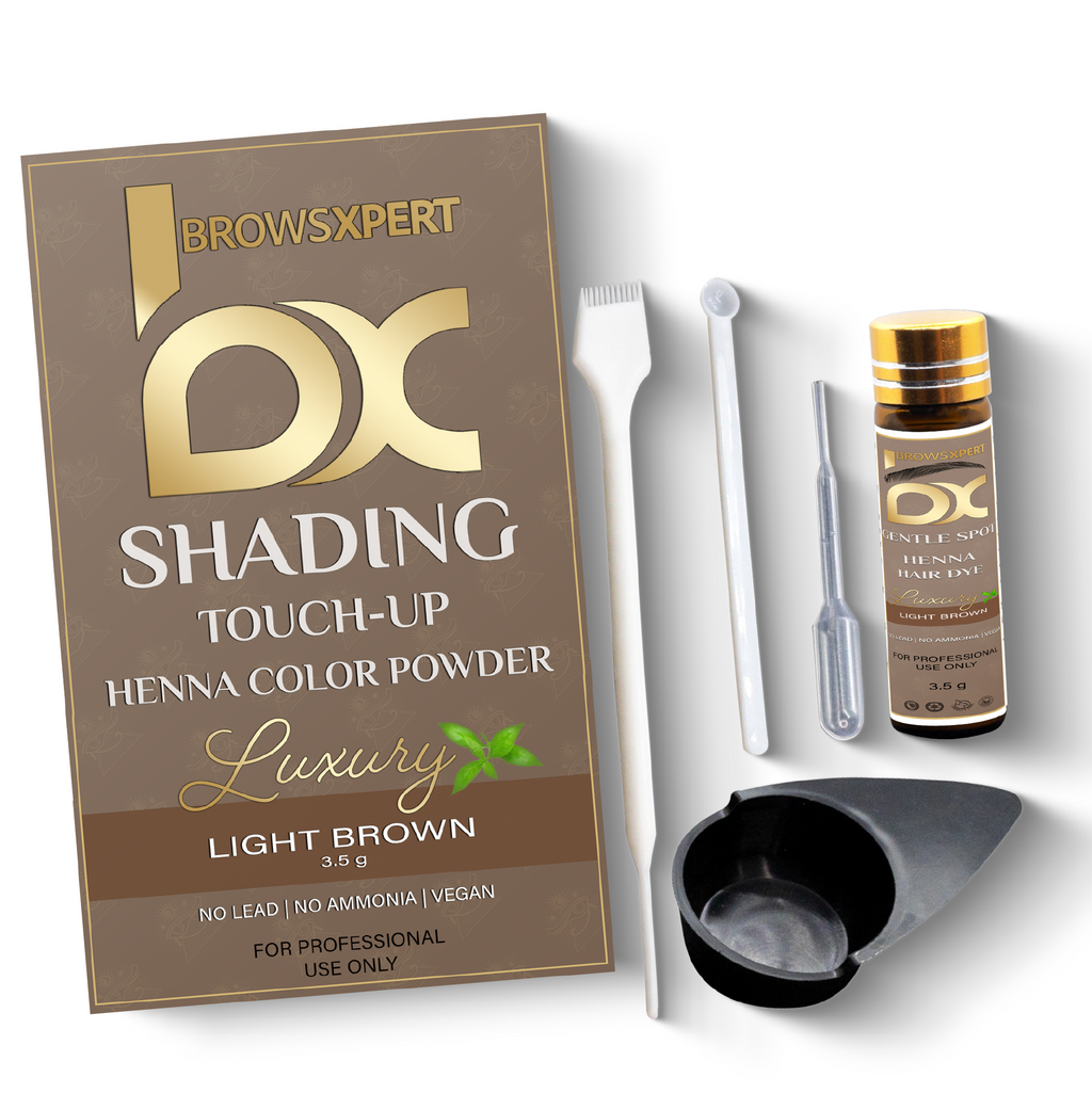 BROWSXPERT Professional Shading Touch-Up Kit — Herbal Henna with Mixing Dish, Stir & Brush | 3.5g | Light Brown with tools.