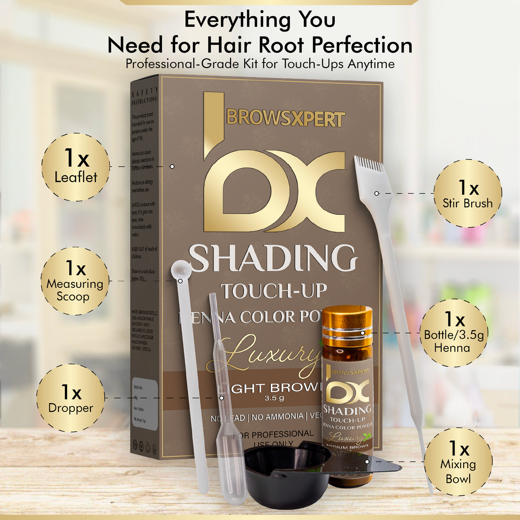 BROWSXPERT Professional Shading Touch-Up Kit — Herbal Henna with Mixing Dish, Stir & Brush | 3.5g | Light Brown contents displayed.