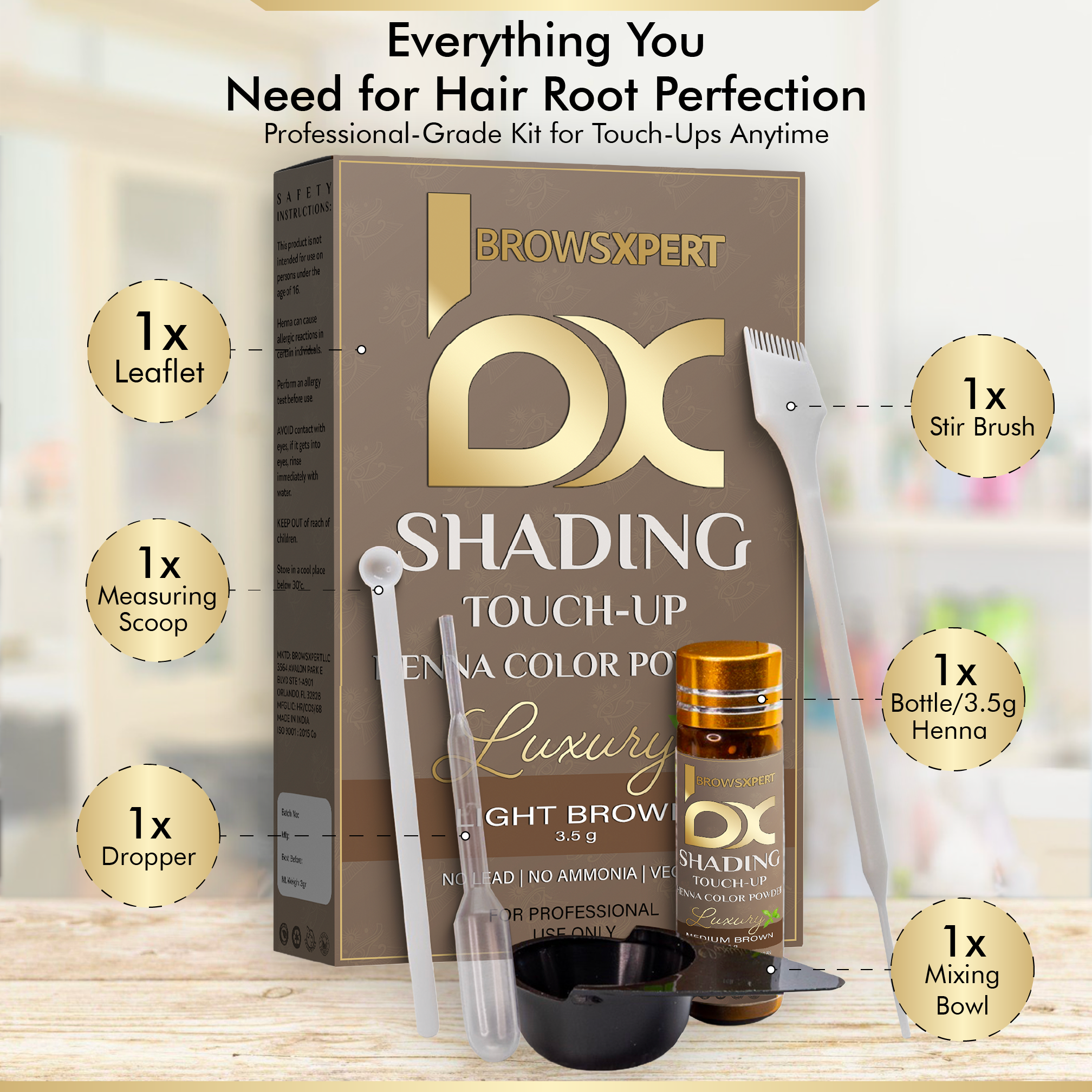 BROWSXPERT Professional Shading Touch-Up Kit — Herbal Henna with Mixing Dish, Stir & Brush | 3.5g | Light Brown contents displayed.