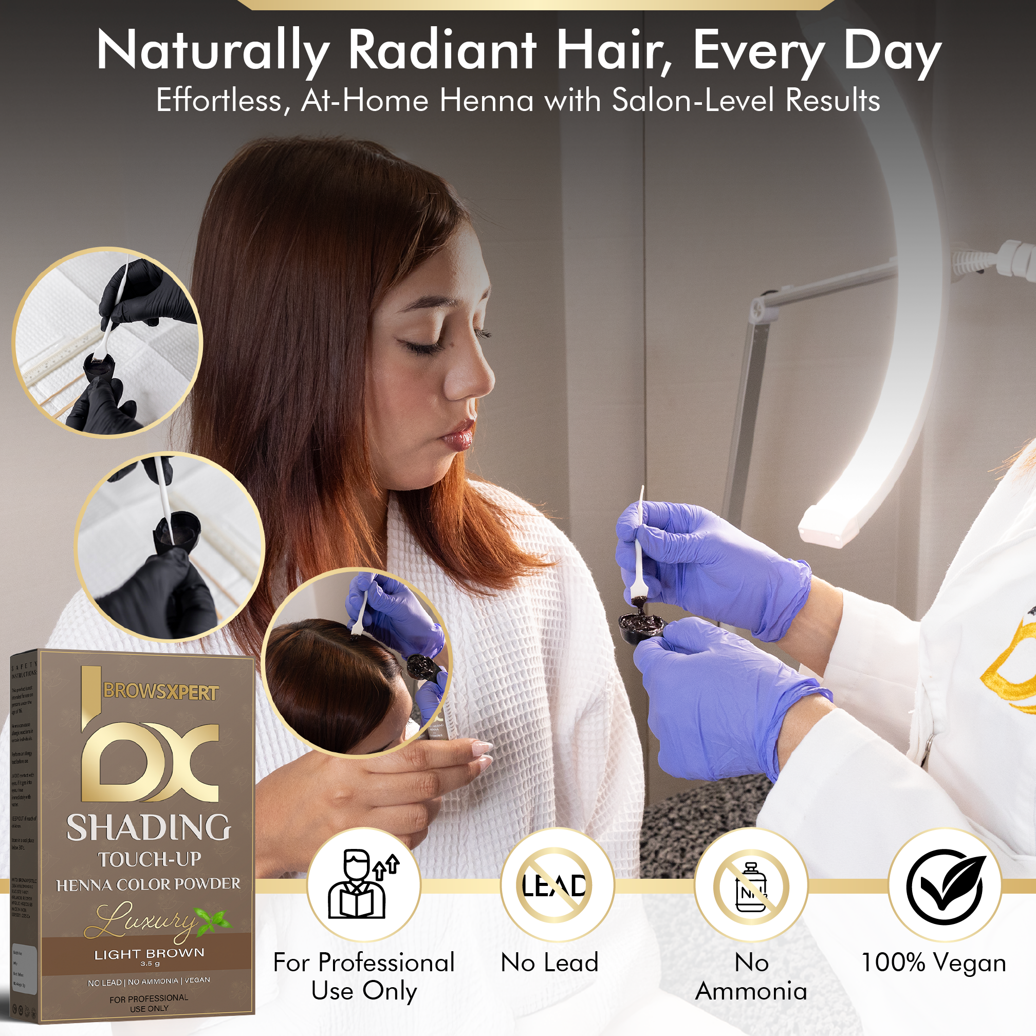 BROWSXPERT Professional Shading Touch-Up Kit — Herbal Henna with Mixing Dish, Stir & Brush | 3.5g | Light Brown used for at-home results.