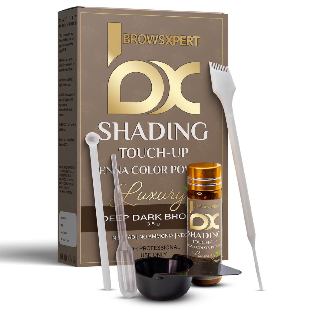 Kit de retoque de sombreado profesional BROWSXPERT — Henna herbal con plato de mezcla, batidor y brocha | 3.5g | Marrón profundo natural oscuro