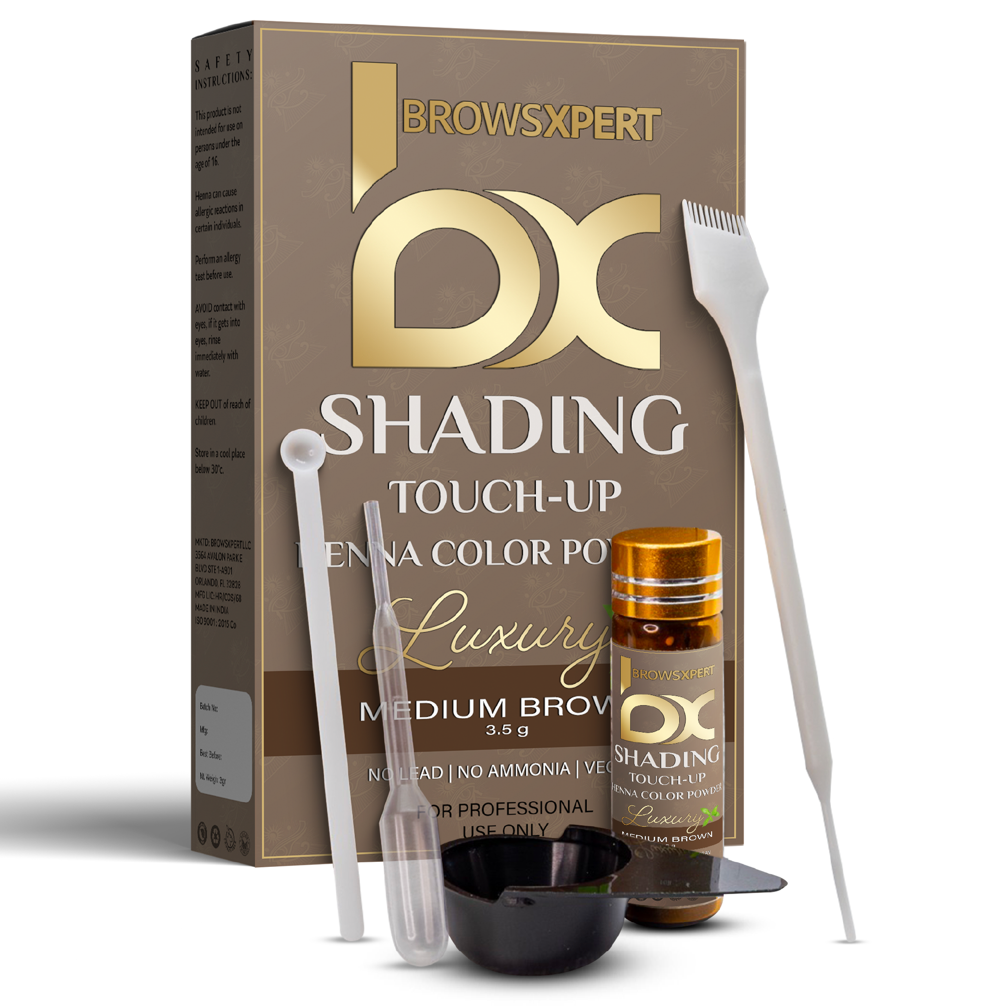 BROWSXPERT Professional Shading Touch-Up Kit — Herbal Henna with Mixing Dish, Stir & Brush | 3.5g | Medium Natural Brown
