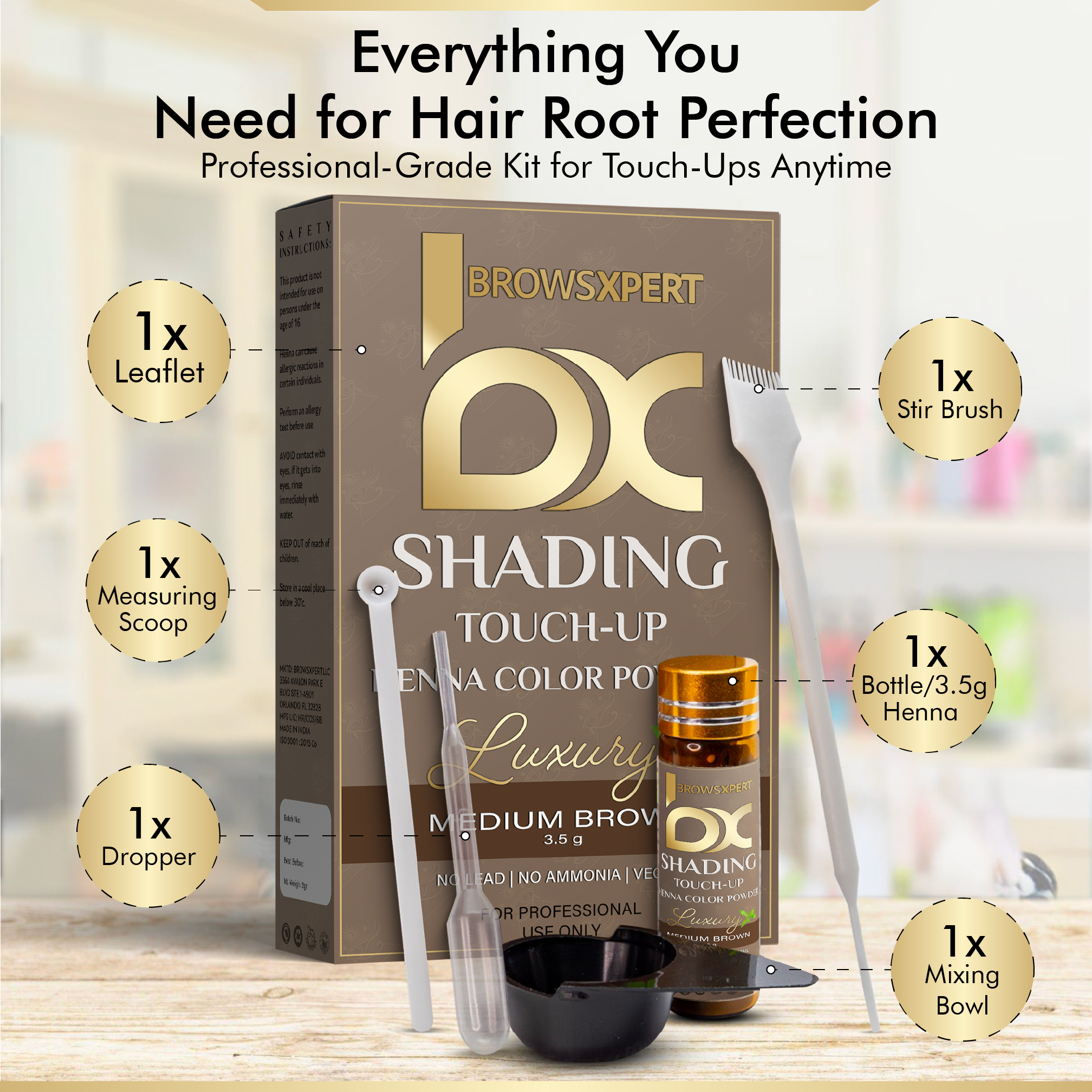 BROWSXPERT Professional Shading Touch-Up Kit — Herbal Henna with Mixing Dish, Stir & Brush | 3.5g | Medium Natural Brown