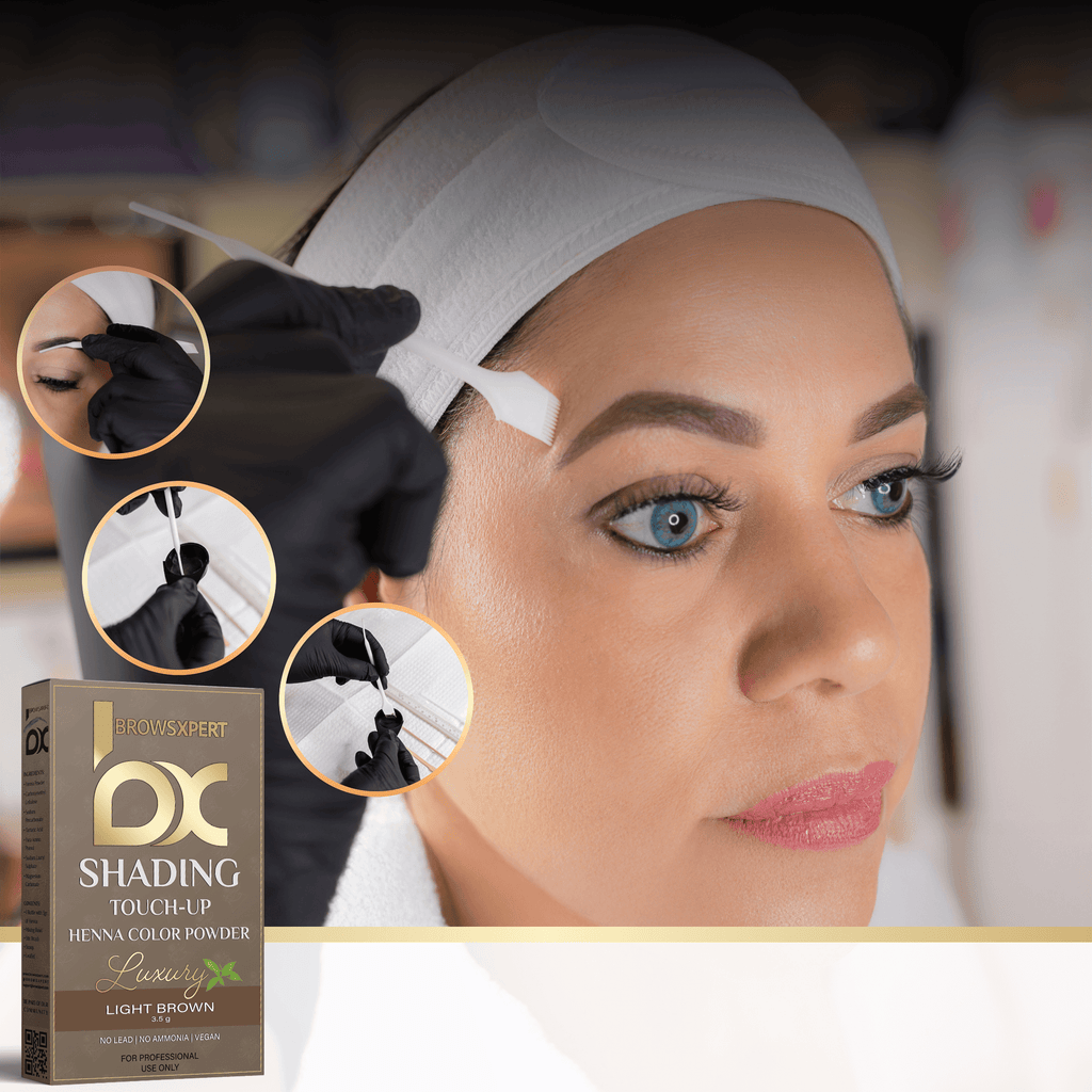 BROWSXPERT Professional Shading Touch-Up Kit — Herbal Henna with Mixing Dish, Stir & Brush | 3.5g | Light Brown in use.