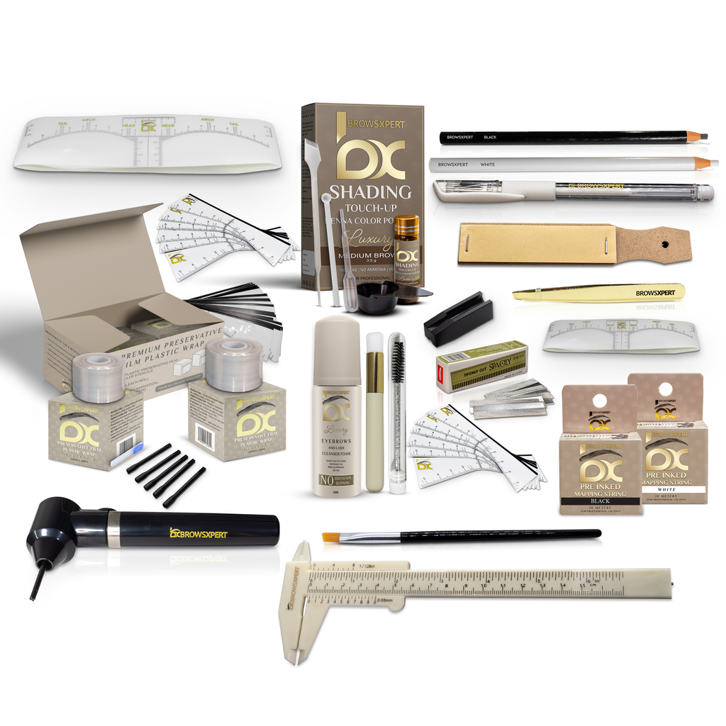 KIT DE INICIO BROWSXPERT: Espuma limpiadora, mezclador eléctrico, kit de mapeo de cejas, film plástico y kit de retoque de henna en polvo para sombreado.