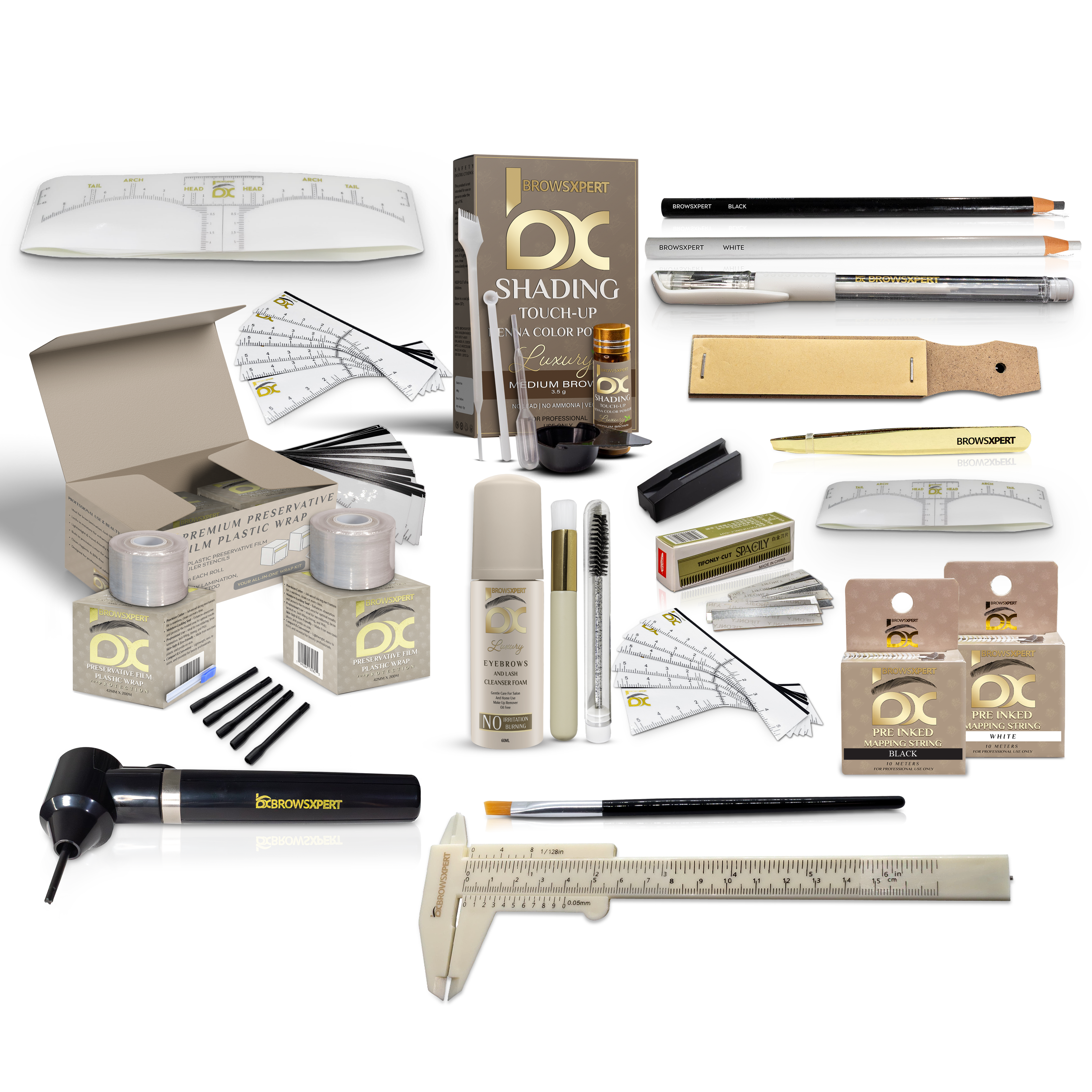 KIT DE INICIO BROWSXPERT: Espuma limpiadora, mezclador eléctrico, kit de mapeo de cejas, film plástico y kit de retoque de henna en polvo para sombreado.