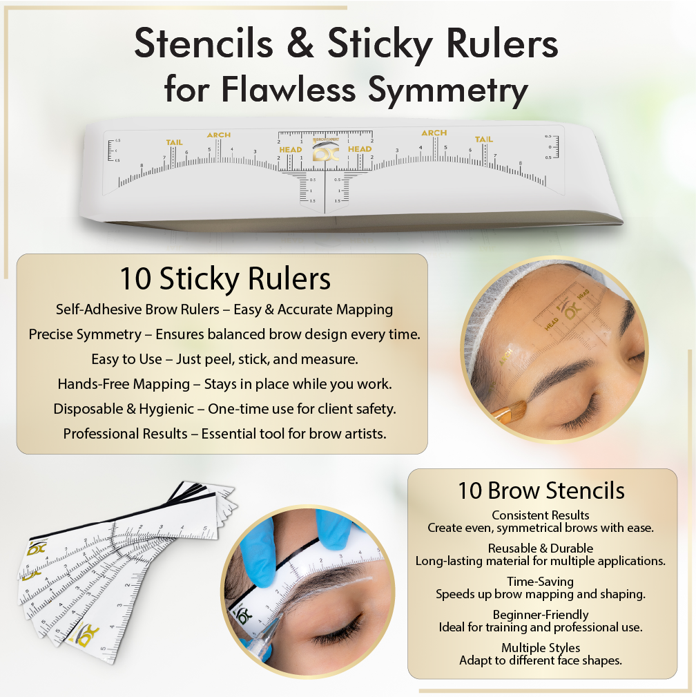 BROWSXPERT Masteriza de Mapeo de Cejas – 1 Calibrador, 2 Hilos Preentintados (Negro y Blanco), 2 Lápices (Negro y Blanco), 1 Marcador, 2 Sacapuntas, 10 Plantillas, 10 Regla Adhesivas y 1 Pinzas para Profesionales